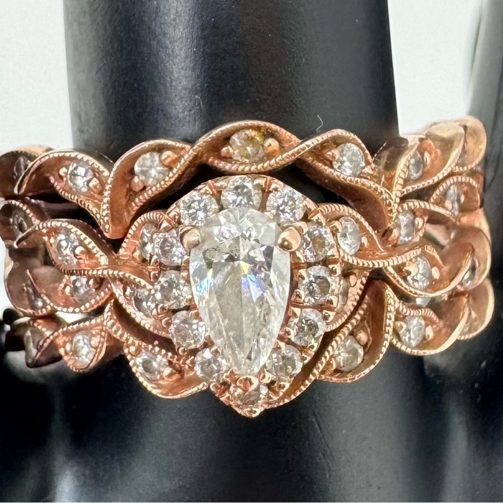 Neal Lane 14K Gold Pear Diamond Double Halo Twist Bridal Set Welded 7/8 Ctw Sz 8